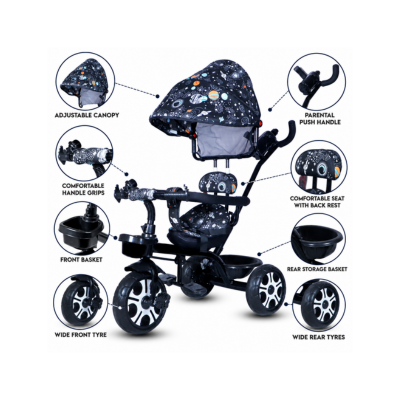 Maanit Tricycle Canopy Dual Storage Basket_Bottel_Parental Handle Control Safety Comfort Seat Model_405 for Kids|Boys|Girls Age Group 2-5 Years Tricycle (Black)