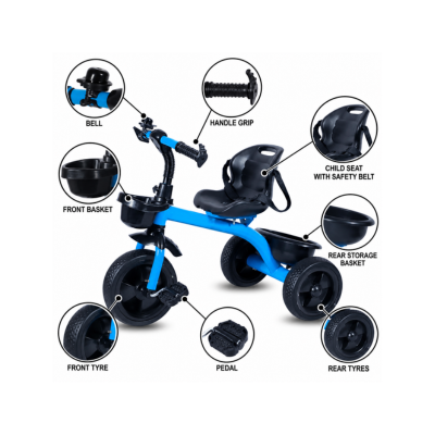 Maanit Tricycle With Dual Storage Basket for Kids|Boys|Girls Age Group 2 to 5 Years Model_101_Stylish Comfort Tricycle (Blue)