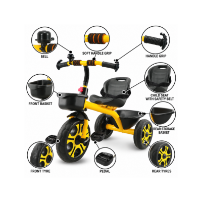 Maanit Little Flock_Tricycle Dual Storage Basket Tokri With Bell Safety Guardrail Seat_Model-102_for Kids|Boys|Girls Age Group 2-5 Years Tricycle (Yellow)