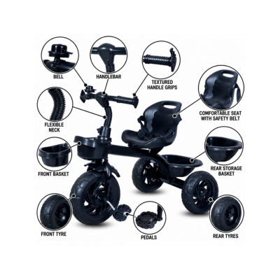 Maanit Tricycle With Dual Storage Basket for Kids|Boys|Girls Age Group 2 to 5 Years Model_103_Stylish Comfort Tricycle (Black)